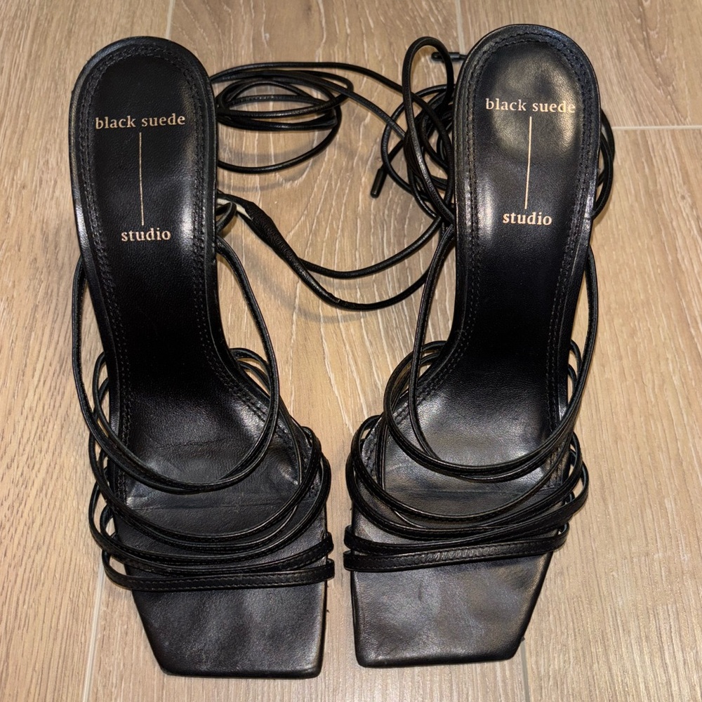 Black Suede Studio Wrap Strappy Heels Sandal
